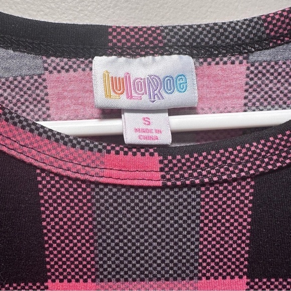 LulaRoe Carly Swing Dress Patch Pocket High Low Hemline Plaid Pink Grey Checked - Picture 4 of 11